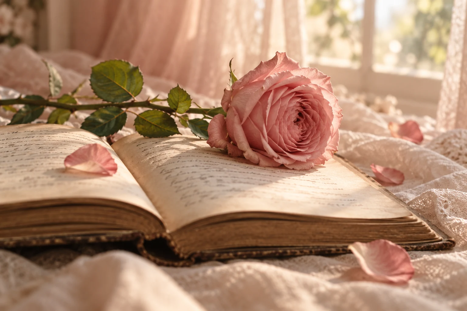 A soft pink rose resting on an open poetry book in warm morning light